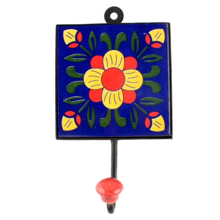 Navy Blue Floral Ceramic Tile Hook